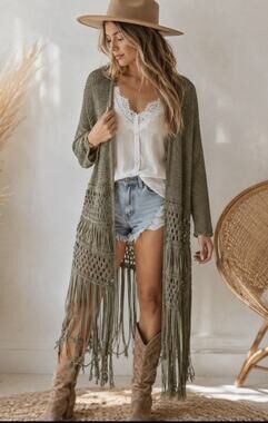 Lilian 1X Olive Green Cotton Crochet Fringe Duster Cardigan Boho Festival